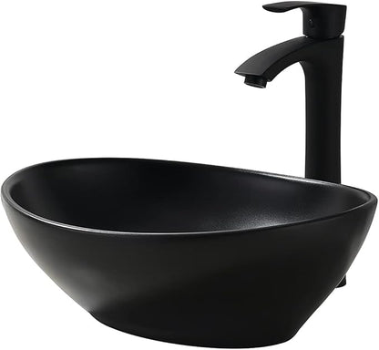 16x13 Matte Black Vessel Sink With Faucet and Drain Combo - Oval Porcelain Ceramic Above Counter Bathroom Sink