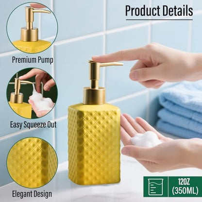 Jessie Bathroom Accessories Set, 3 or 4-Piece Ceramic Bathroom Accessory Set,Soap Dispenser,Toothbrush Holders Set,Tumbler,Soap Dish Embossed Matte Bathroom for Modern Bathrooms (Yellow 4-Piece Suit)