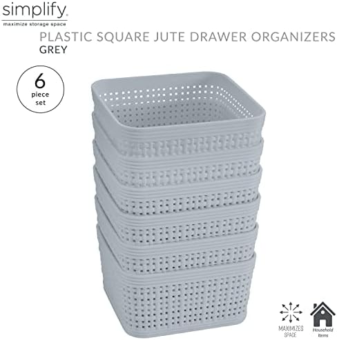 Simplify 6 Pack Organizing Set | Square Bins | Multipurpose | Office | Desk | Dorm | Bathroom | Storage Basket | Small Items | Accessories | Grey