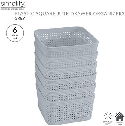 Simplify 6 Pack Organizing Set | Square Bins | Multipurpose | Office | Desk | Dorm | Bathroom | Storage Basket | Small Items | Accessories | Grey