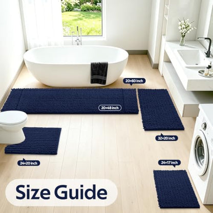 Upgrade Luxury 2 Piece Navy Blue Toilet Bathroom Rug Mat U Shape 24"x20"+48"x20", Ultra Soft Thick Absorbent Bath Mats, Non Slip Chenille Toilet Mat for Bathroom, Bedroom, Kitchen, Shower, Tub