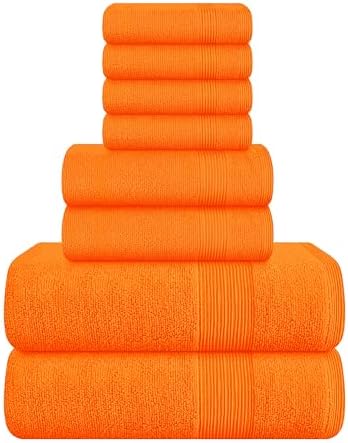 Belizzi Home 8 Piece Towel Set 100% Ring Spun Cotton, 2 Bath Towels 27x54, 2 Hand Towels 16x28 and 4 Washcloths 13x13 - Ultra Soft Highly Absorbent Machine Washable Hotel Spa Quality - Orange