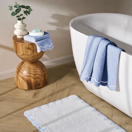 Peri Home 2 Piece Cotton Bath Towel Set, Embroidered, Blue, White Scallop
