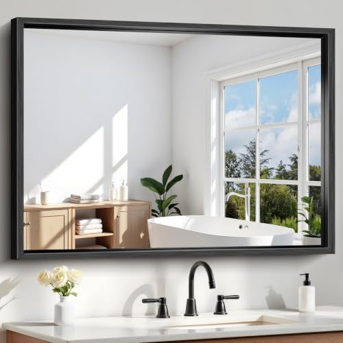 Black Rectangle Mirror, 48 x 36 Inch Large Bathroom Mirrors for Over Sink, 0.6" Thickened Deep Frame Rectangular Wall Mirror, Brushed, Tempered Glass, Antirust, Horizontally/Vertically