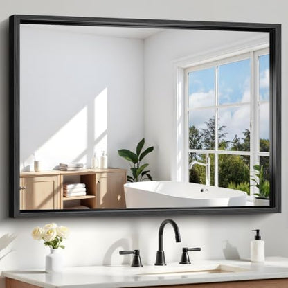 Black Rectangle Mirror, 48 x 36 Inch Large Bathroom Mirrors for Over Sink, 0.6" Thickened Deep Frame Rectangular Wall Mirror, Brushed, Tempered Glass, Antirust, Horizontally/Vertically
