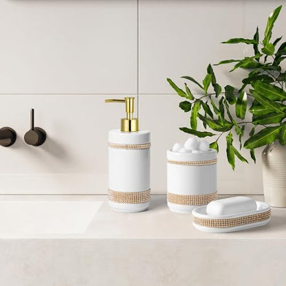 RQYIXI Ceramic Bathroom Accessories Set,White,5 Piece,Rhinestone Design