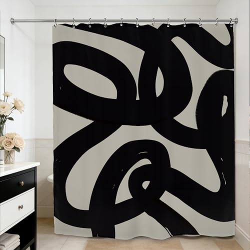 Abstract Black Line Shower Curtain 72Wx84L Inch Extra Long Modern Minimalist Contemporary Geometric Neutral Bathroom Set Accessories Decor with 12 Pack Hooks