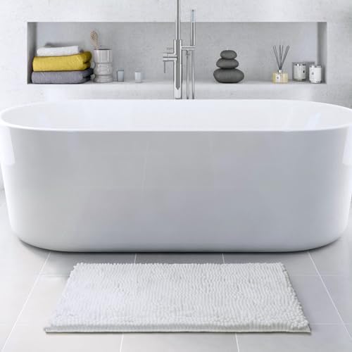 FRESHMINT Chenille Bathroom Rugs Mat 32”x20”, Non-Slip Bath Mat for Bathroom Floor & Bathtub, Washable Soft Shower Shag Bath Rugs, Durable Fluffy Thick Water Absorbent Microfiber Shower Mat, White