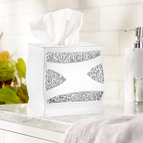 Zahari Home 2pc Sinatra White Modern Bath Accessories Set Waste Basket & Tissue Box Modern Decorative Beautiful Designs Bathroom Decor Set for Home Luxury Bath Set Mosaic Glass