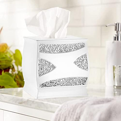 Zahari Home 2pc Sinatra White Modern Bath Accessories Set Waste Basket & Tissue Box Modern Decorative Beautiful Designs Bathroom Decor Set for Home Luxury Bath Set Mosaic Glass