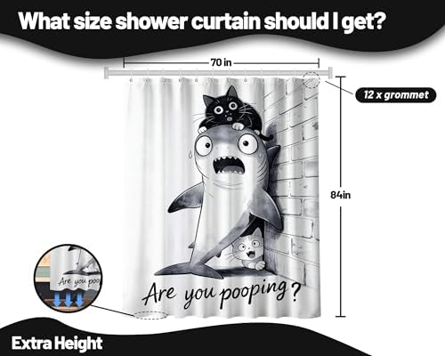 Extra Tall Shower Curtain XL Fun Cat Riding Shark, 70 x 84 Inchs