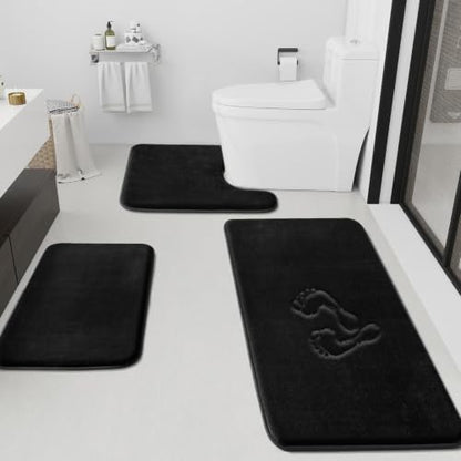 HUXMEYSON Bathroom Rugs Sets 3 Piece, Non-Slip & Quick Dry Bath Mat Set, Ultra Soft Velvet Bath Rugs for Bathroom, Toilet and Shower Floor, Black