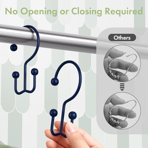 Amazer Navy Blue Shower Curtain Hooks, 12PCS Minimalist Simple Double Shower Curtain Rings, Rust-Resistant Metal Shower Hooks Shower Curtain Hangers, Shower Rings for Bathroom Shower Rods Curtains