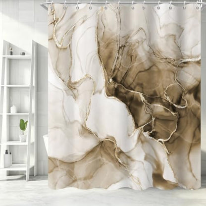 Brown Marble Shower Curtain Modern Abstract Luxury Gold Ink Texture Gray Ombre Watercolor Bathroom Curtain Set with Hooks Soft and Lightweight Waterproof Fabric Machine Washable 36" Wx72 L