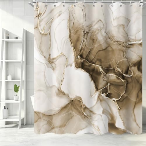 Brown Marble Shower Curtain Modern Abstract Luxury Gold Ink Texture Gray Ombre Watercolor Bathroom Curtain Set with Hooks Soft and Lightweight Waterproof Fabric Machine Washable 36" Wx72 L