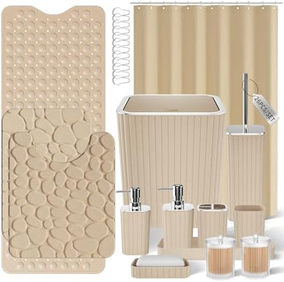 XLHOMO 26PC Bathroom Accessories Set - Gorgeous Bathroom Set, Beige Bathroom Accessory Set, Shower Curtain Set with Bathtub Mats for Shower Tub, Trash Can & Soap Dispenser