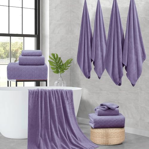 8-Piece Bath Towels Set,2 Oversized Large Bath Towel Sheet,2 Hand Towels and 4 Washcloths - 600 GSM Soft Microfiber Highly Absorbent Quick Dry Shower Towel Collection for Bathroom Hotel and Spa,Purple