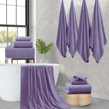 8-Piece Bath Towels Set,2 Oversized Large Bath Towel Sheet,2 Hand Towels and 4 Washcloths - 600 GSM Soft Microfiber Highly Absorbent Quick Dry Shower Towel Collection for Bathroom Hotel and Spa,Purple