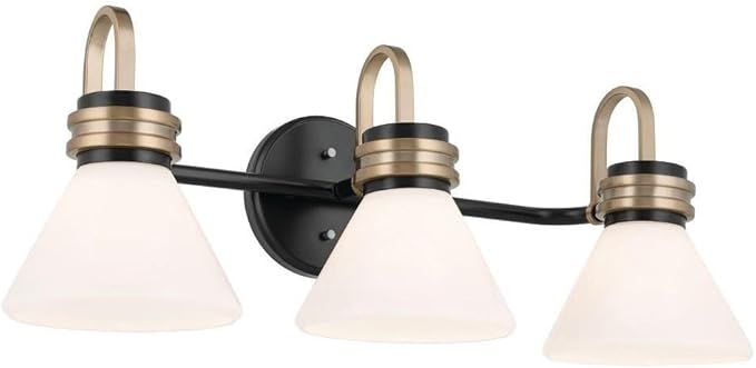 Kichler Farum 26 Inch 3 Light Vanity with Opal Glass in Black with Champagne Bronze Accents for Bathrooms and Powder Rooms, (26" W x 9.5" H x 9.5" D), 55155BK