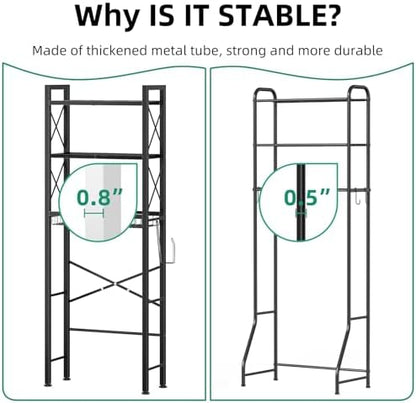 Kalrin Over The Toilet Storage with X Shape Side Guardrail, 3-Tier Over Toilet Storage Rack with Drain Basket, Freestanding Bathroom Organizer for Balcony Laundry, Pure Black