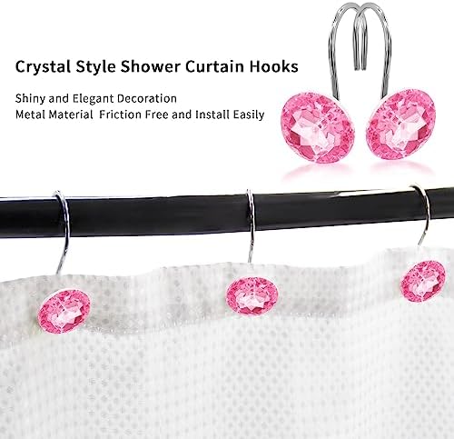 Pink Diamond Crystal Bling Shower Curtain Hooks Rings for Bathroom,12PCS