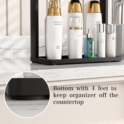 PEKER Bamboo Bathroom Organizer Countertop – Small Vanity Storage Shelf for Makeup, Perfume, Skincare – Natural Cosmetics Display Rack for Dresser, Sink, Kitchen –Black