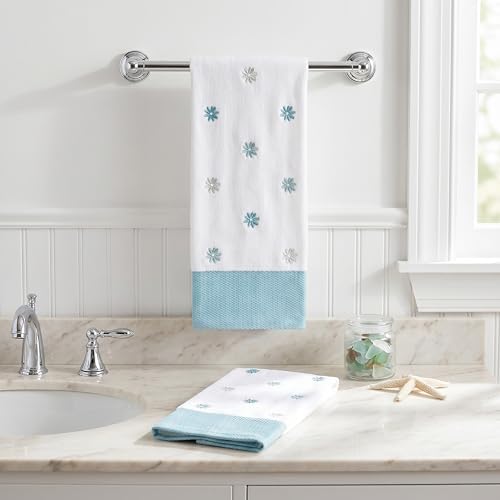 Ritz 2-Piece Cotton Velour Hand Towel Set, Embroidered Allover Daisies, White & Aqua Blue Floral Decorative Bathroom Towels for Cottage, Spa, or Summer Home Decor, 16 in x 26 in