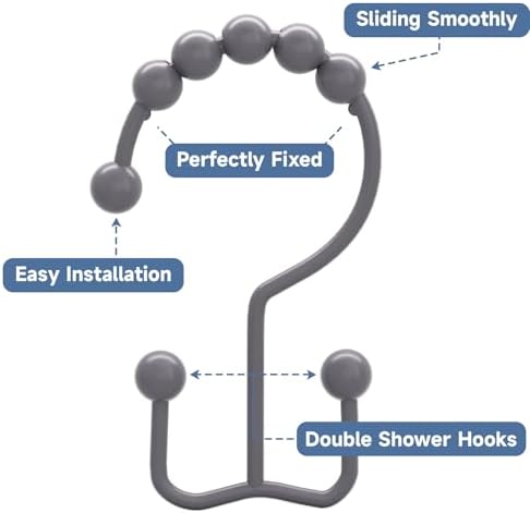 Titanker Shower Curtain Hooks Rings, Rust-Resistant Metal Double Glide Shower Hooks for Bathroom Shower Rods Curtains, Set of 12 Hooks - Neutral Gray