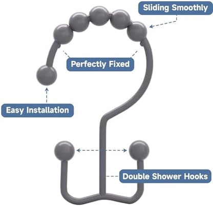 Titanker Shower Curtain Hooks Rings, Rust-Resistant Metal Double Glide Shower Hooks for Bathroom Shower Rods Curtains, Set of 12 Hooks - Neutral Gray