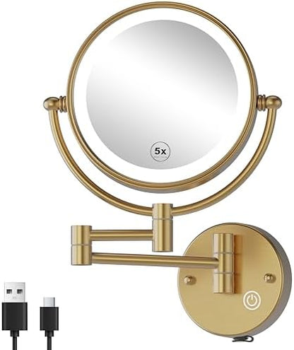 8" Rechargeable Brass 1X/5X Makeup Magnifying Mirror Wall Mount with Light, Upgraded 3-Colors Bright LED Touch Dimmable Extended Arm 360 Rotation for Bathroom, Brushed Modern Brass
