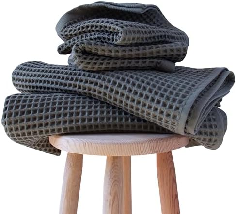 PÜSKÜL Natural 100% Turkish Cotton Waffle Towels Set of 4-Piece, Anthracite