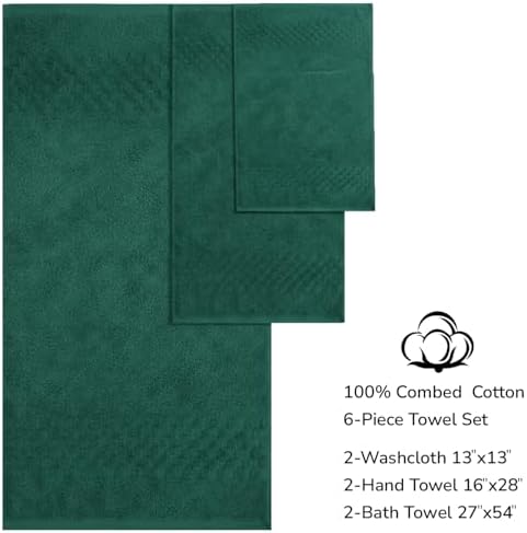 Feather & Stitch 100% Cotton 625 GSM Bath Towel Set of 6, Ultra Soft Highly Absorbent 2 Bath Towels, 2 Hand Towels & 2 Washcloth - Luxury Quick Dry Shower Towels (Hunter Green)