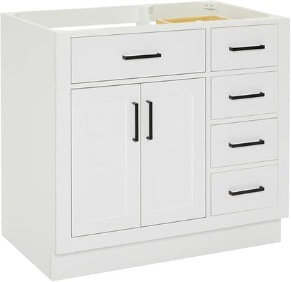 ARIEL Hepburn 36-inch Bathroom Vanity Base Cabinet,Solid Wood, 2 Soft Closing Doors, 5 Dovetail Drawers, White