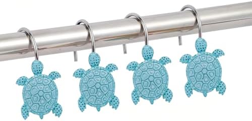 12Pcs Blue Turtle Shower Curtain Hooks Decorative for Curtain Rods, Cute Animals Shower Curtain Rings, Silver Stainless Steel Metal Shower Curtain Hanger Hooks, Turtle Ocean Beach Bathroom Decor