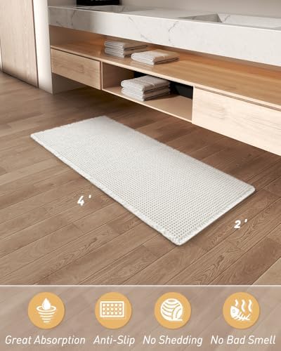 AMOAMI Waffle Runner Rug Super Absorbent Non Slip Bath Mats for Bathroom Floor, Machine Washable Bathroom Runner Rug with Tassels, Ideal for Hallway Bedroom Laundry Room, White, 2'x 4'(24" x 48")