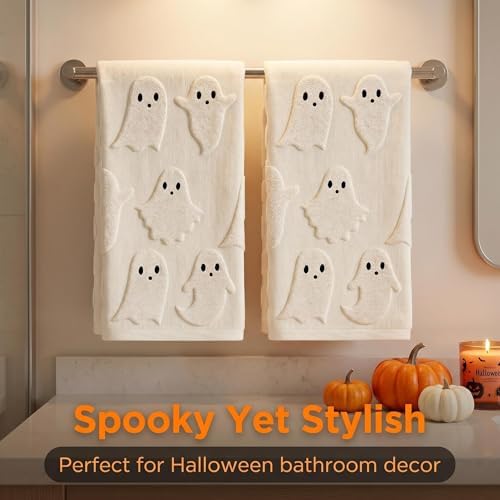 2 Pack Halloween Hand Towels 100% Cotton Jacquard Ghost Halloween Kitchen Towels White Bathroom Towels Set Seasonal Bathroom Decor (Beige Ghost, Halloween)