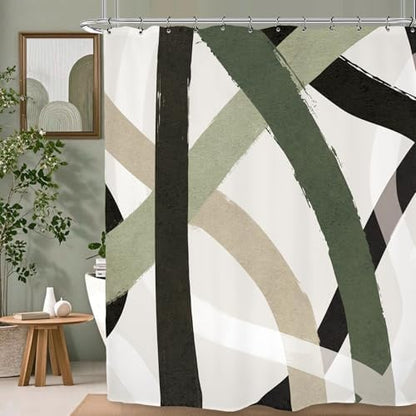 Abstract Sage Green Black Shower Curtain 60Wx72L Inch Line Minimalist Contemporary Modern Simple Art Bathroom Set Accessories Decor with 12 Pack Hooks