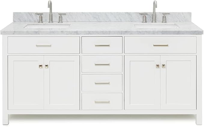 ARIEL Bristol 72-inch Bathroom Vanity with Sink,Solid Wood, 1.5-inch Italian Carrara Marble Countertop, Double Rectangular Porcelain Sink, 4 Soft Closing Doors, 4 Dovetail Drawers, White