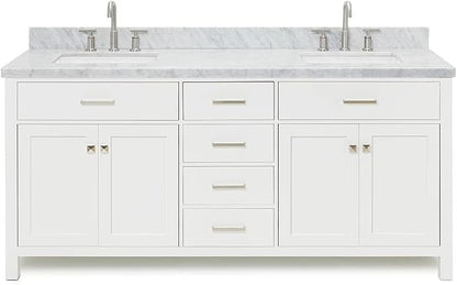 ARIEL Bristol 72-inch Bathroom Vanity with Sink,Solid Wood, 1.5-inch Italian Carrara Marble Countertop, Double Rectangular Porcelain Sink, 4 Soft Closing Doors, 4 Dovetail Drawers, White