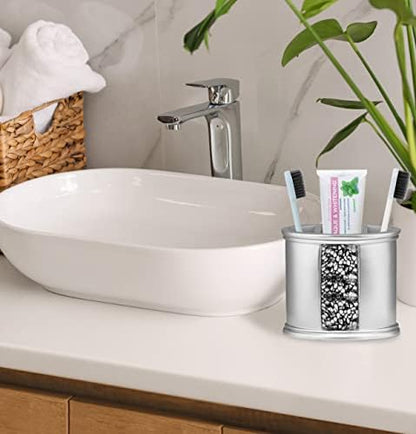 Zahari Home 4pc Sinatra Stylish Bathroom Accessories Set Liquid Soap Dispenser, Tumbler, Tooth Brush Holder and Soap Dish Modern Classic Luxury Decor Bling Mosaic Glass Silver Bathroom Accessories