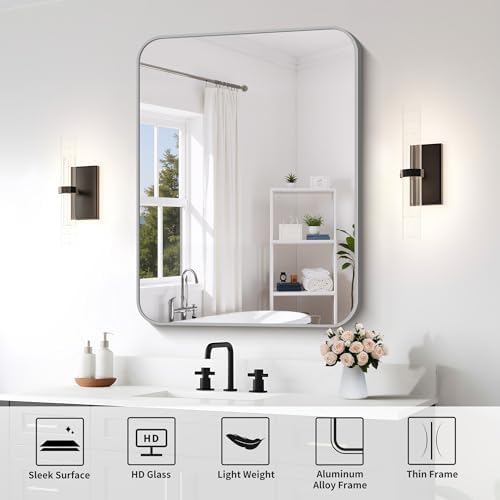 FORBATH Bathroom Mirror for Over Sink 30x40 Inch Silver, Rectanglar Wall Mirror with Metal Frame, Rounded Corners for Bathroom, Bedroom, Entryway Decor (Horizontal or Vertical)