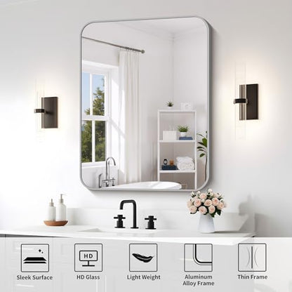 FORBATH Bathroom Mirror for Over Sink 30x40 Inch Silver, Rectanglar Wall Mirror with Metal Frame, Rounded Corners for Bathroom, Bedroom, Entryway Decor (Horizontal or Vertical)