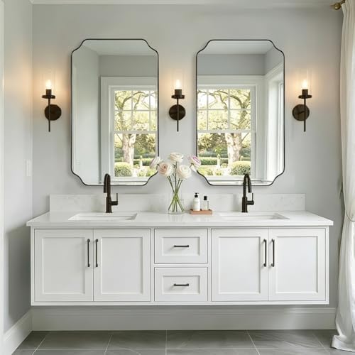 MIRRORART Black Scalloped Mirror 24x40'', Transional Rounded Notched Corner Bathroom Rectangle Vanity Mirror in 1’’ Seamless Stainless Steel Metal Frame Wall-Mounted Vertical/Horizontal, HD Mirror