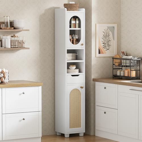 LIKIMIO 69" H Tall Bathroom Storage Cabinet with 2 Doors & 1 Drawer, Narrow Adjustable Shelves & Pull-Out Tissue Holder, Slim Freestanding Cabinet for Small Spaces, Kitchen, Entryway, White