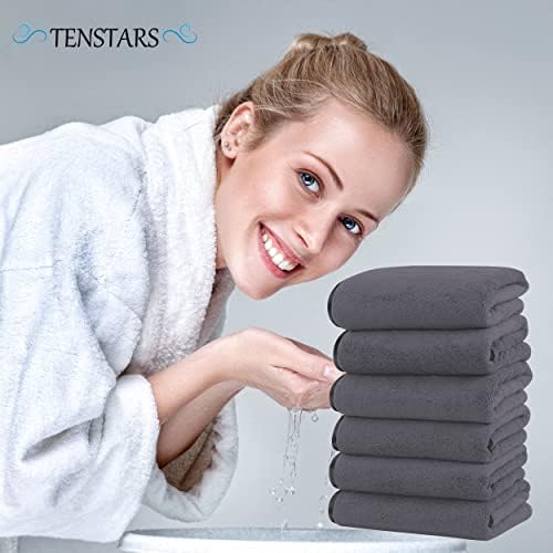 TENSTARS Silk Hemming Hand Towels for Bathroom - Quick Drying - Ultra Soft Microfiber Absorbent Towel for Bath Fitness, Gym, Shower, Hotel, and Spa - 16x28 Inch | Set of 6, Dark Grey