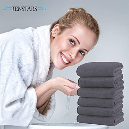 TENSTARS Silk Hemming Hand Towels for Bathroom - Quick Drying - Ultra Soft Microfiber Absorbent Towel for Bath Fitness, Gym, Shower, Hotel, and Spa - 16x28 Inch | Set of 6, Dark Grey