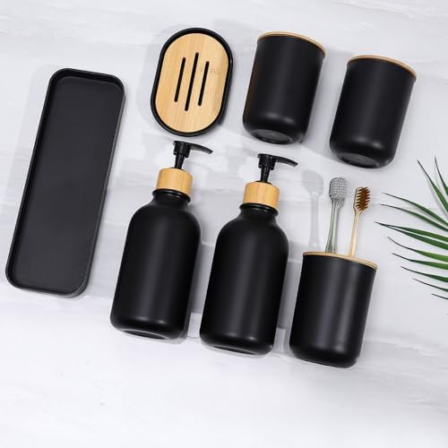 Matte Black Bathroom Accessories Set 7 Pcs,Bamboo Bathroom Accessories Sets,Black Soap Dispenser and Toothbrush Holder Set,Qtip Holder,Vanity Tray,Soap Dish,Modern Bathroom Decor