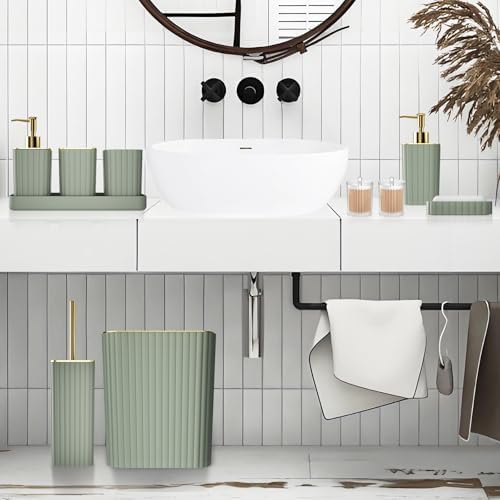 XLHOMO Bathroom Accessories Set - Gorgeous Bathroom Set, 10PC Sage Green Bathroom Accessory Set, Toilet Brush, Trash Can & Soap Dispenser