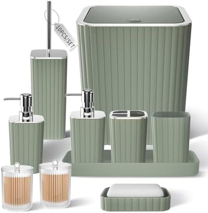 XLHOMO Bathroom Accessories Set - Gorgeous Sage Green Bathroom Set, 10PC Bathroom Accessory Set, Toilet Brush, Trash Can, Qtip Holder Dispenser & Soap Dispenser