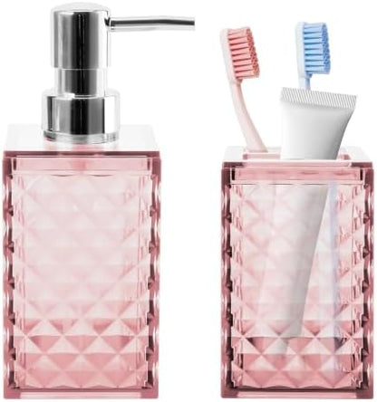 2 Piece Bathroom Accessory Set, Pink Soap Dispenser and Toothbrush Holder